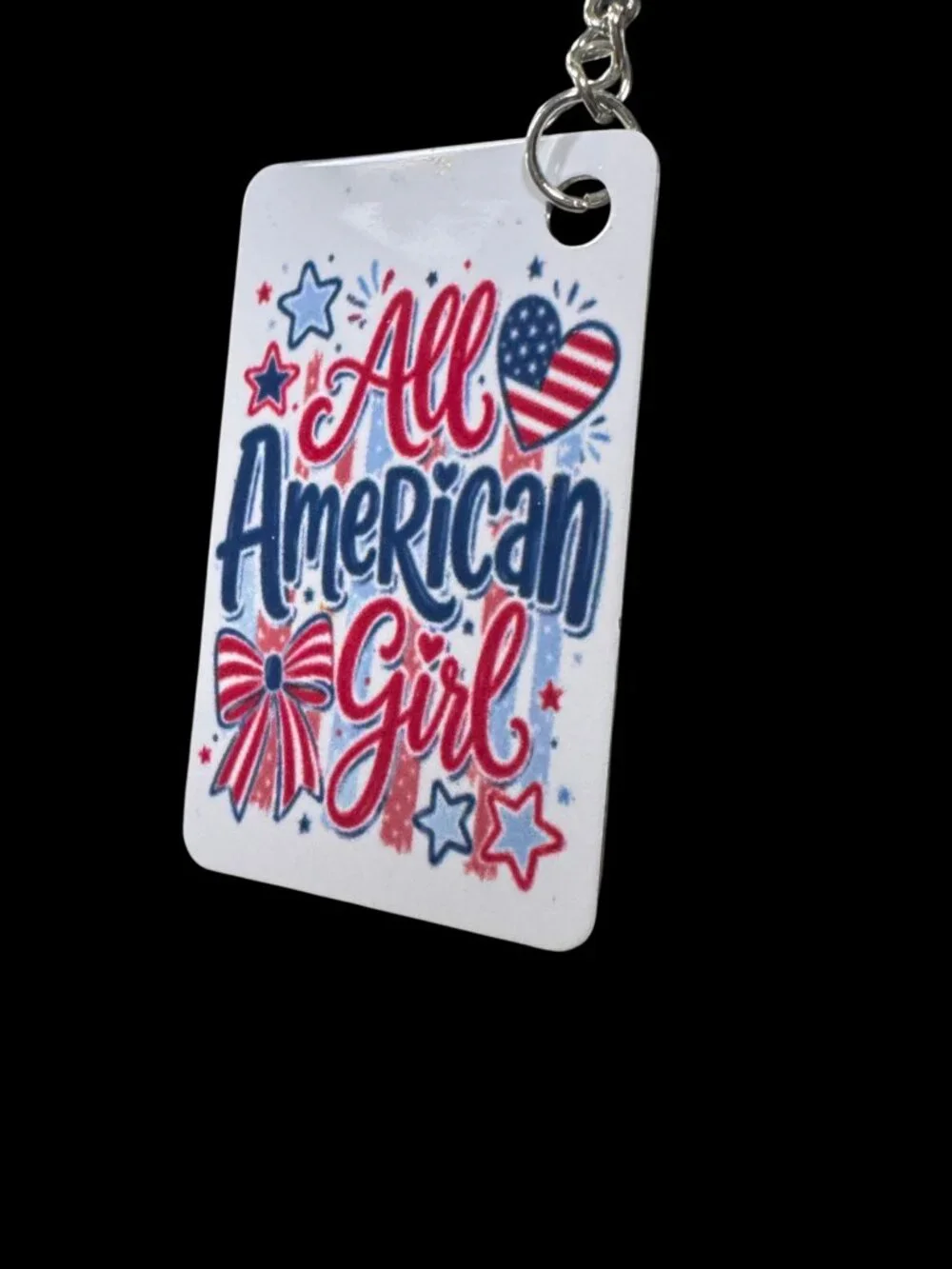 All American Girl Patriotic Metal Keychain, Red White and Blue USA Flag Design